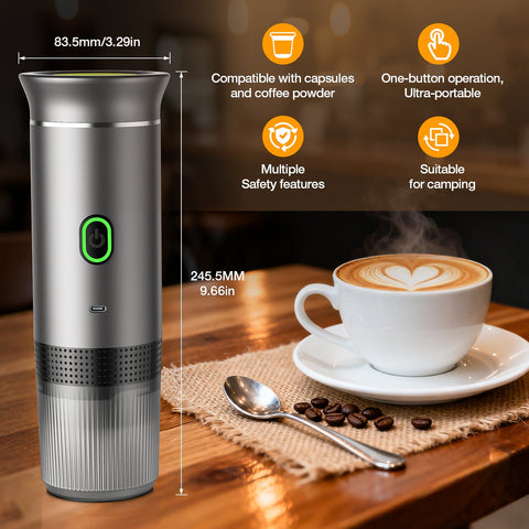 Portable Espresso Machine for Travel, 3-In-1 Mini Coffee Maker with USB-C, Compatible with NS/DG Capsules/Ground Coffee, 20 Bar, Ideal for Camping, Car, Office & Gifts, Gray