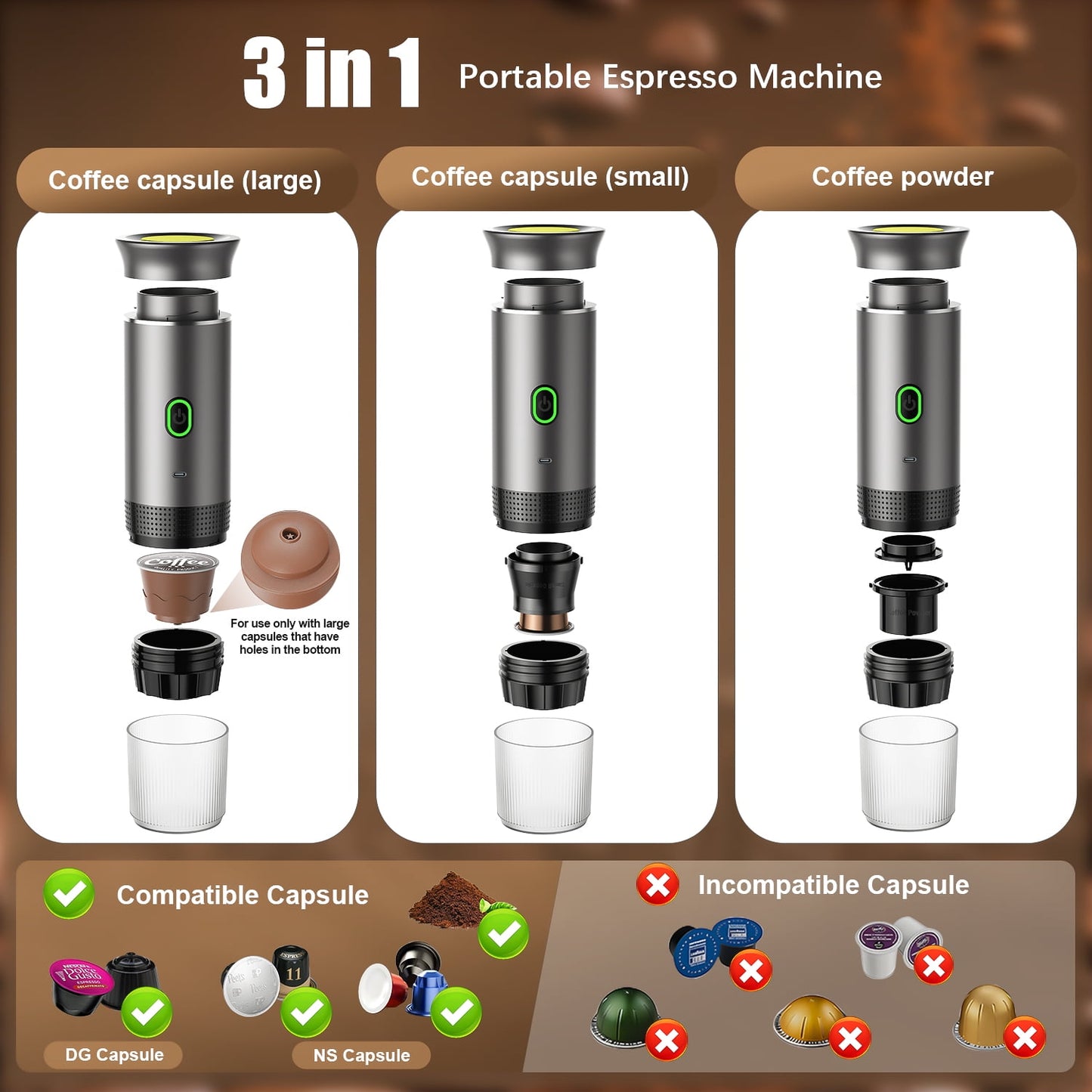 Portable Espresso Machine for Travel, 3-In-1 Mini Coffee Maker with USB-C, Compatible with NS/DG Capsules/Ground Coffee, 20 Bar, Ideal for Camping, Car, Office & Gifts, Gray