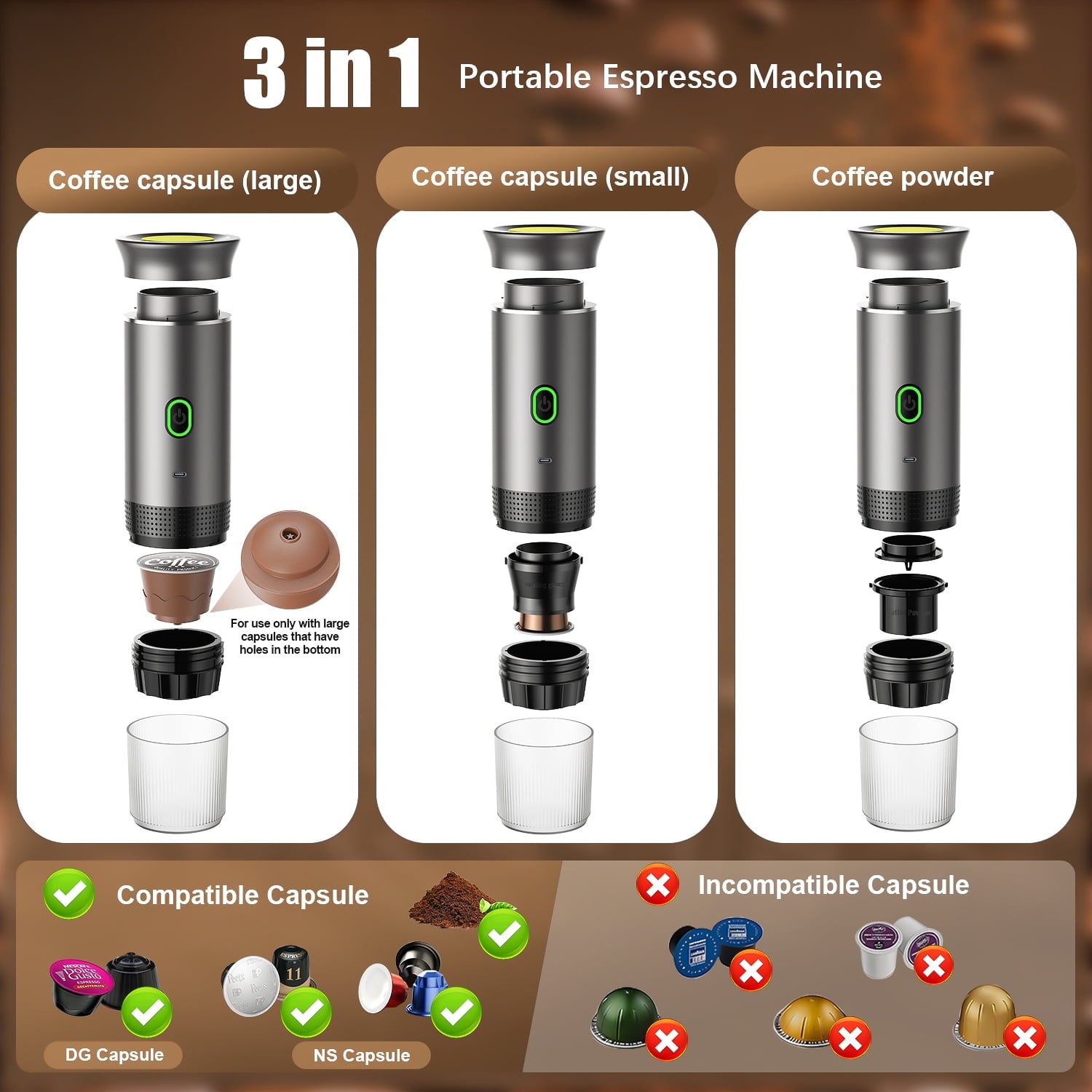 Portable Espresso Machine for Travel, 3-In-1 Mini Coffee Maker with USB-C, Compatible with NS/DG Capsules/Ground Coffee, 20 Bar, Ideal for Camping, Car, Office & Gifts, Gray