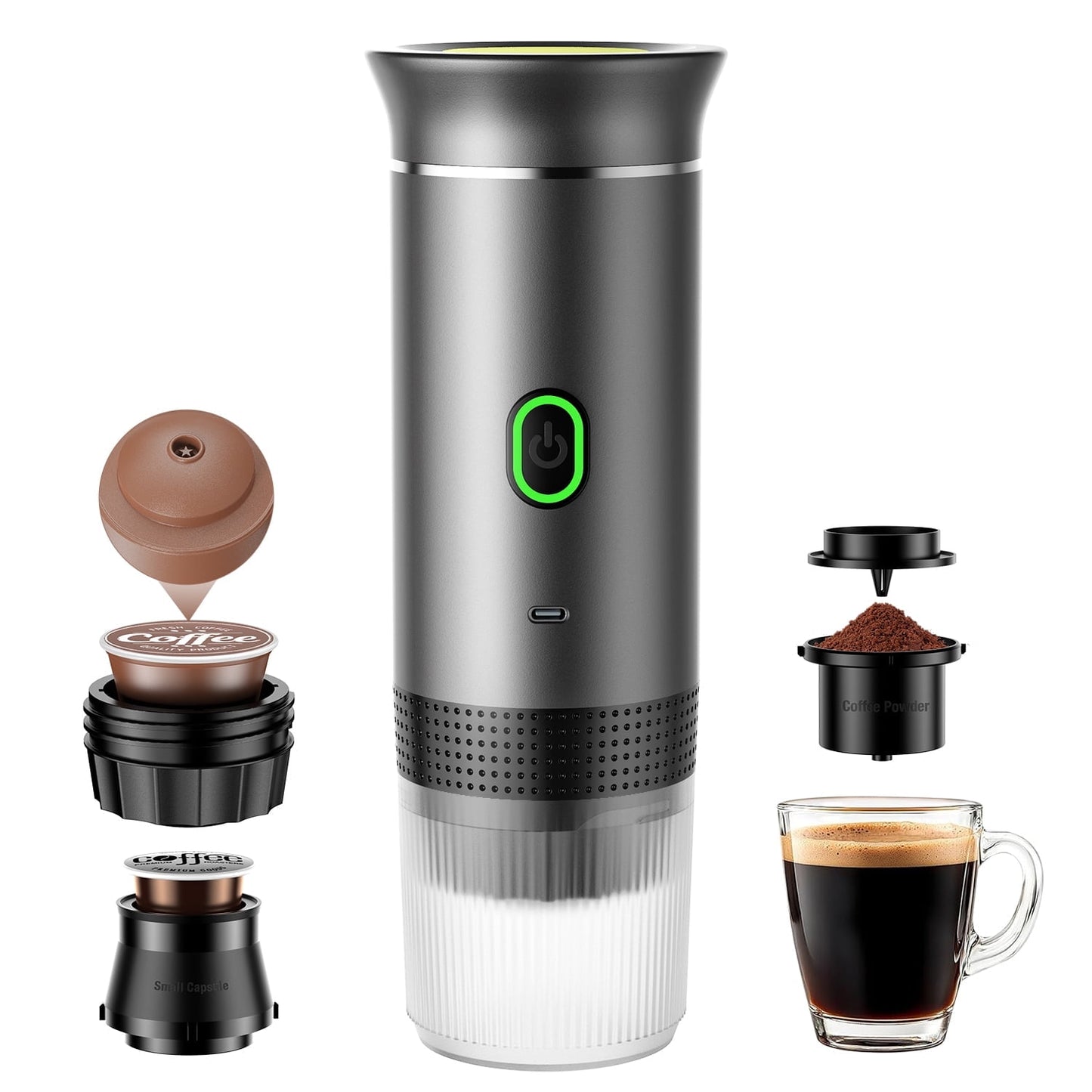 Portable Espresso Machine for Travel, 3-In-1 Mini Coffee Maker with USB-C, Compatible with NS/DG Capsules/Ground Coffee, 20 Bar, Ideal for Camping, Car, Office & Gifts, Gray